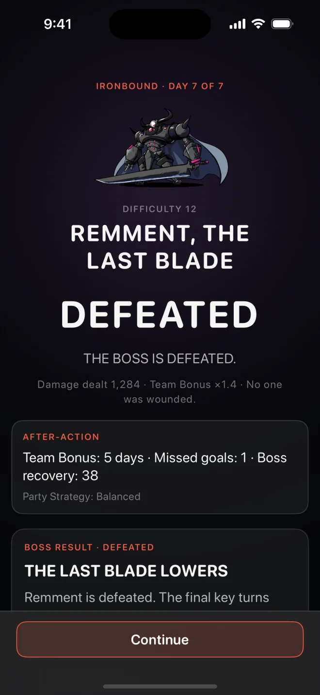 Boss Result with damage, Team Bonus, and after-action details