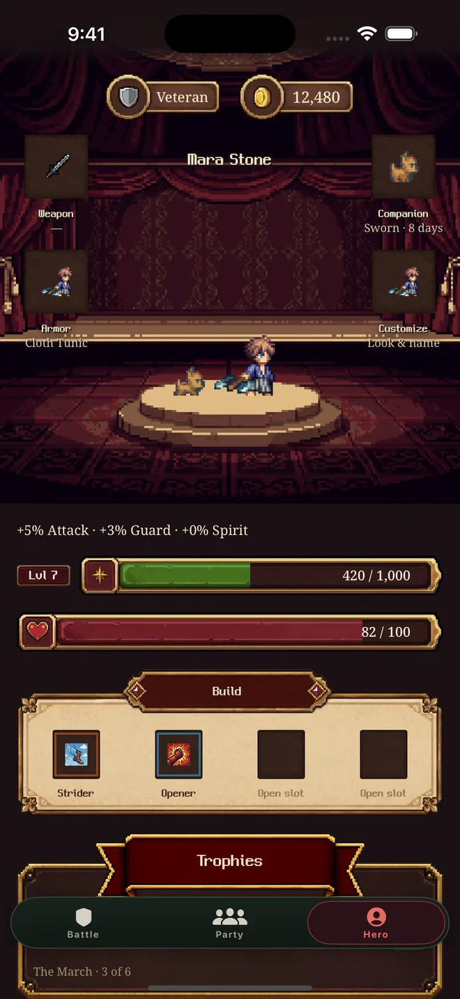 The Hero tab showing equipped weapon and armor, trophies, and stats