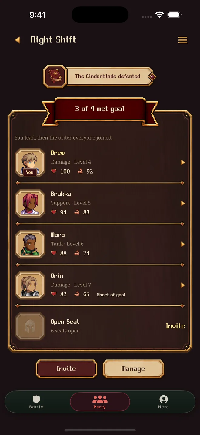 The Party tab showing who hit their Daily Goal this week