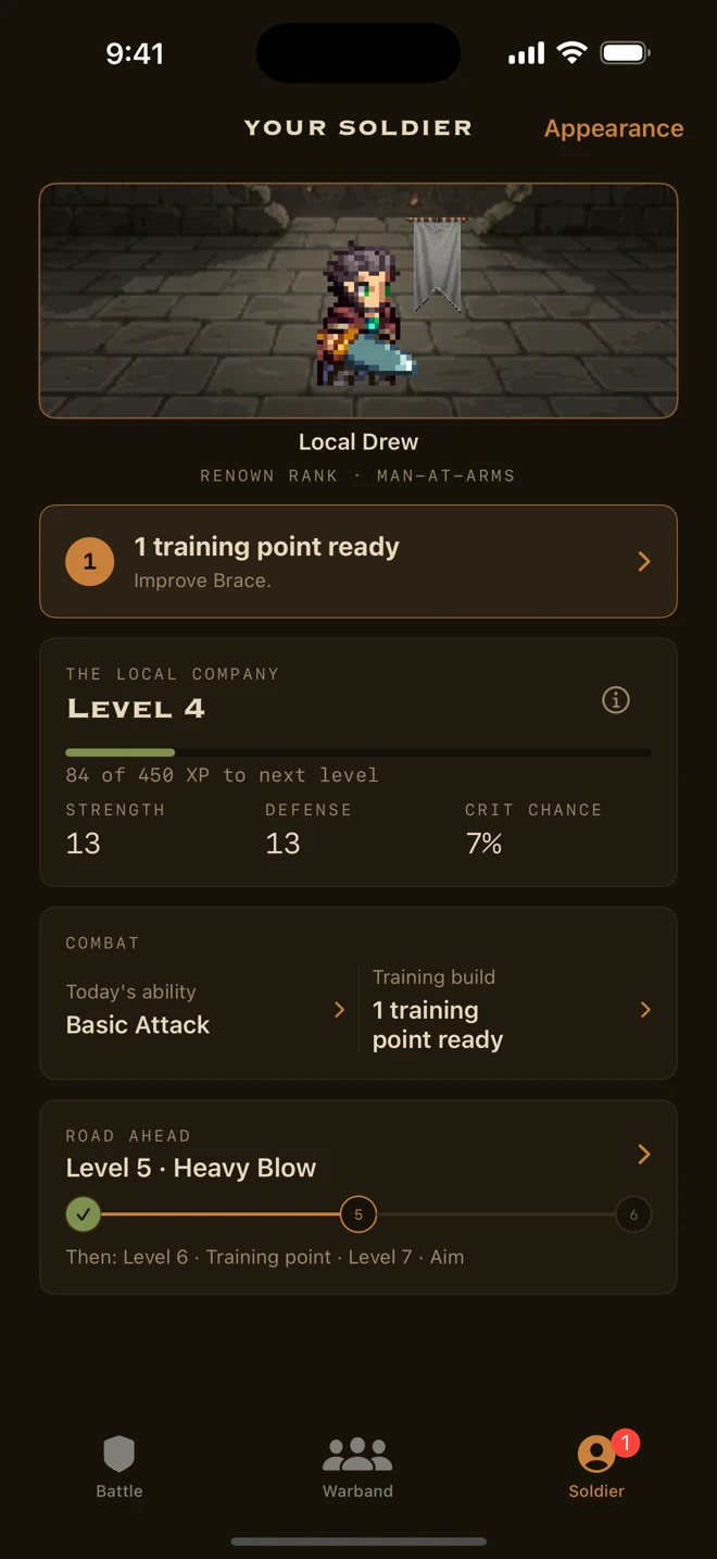 Your Soldier screen with warband level, stats, Level Road, and avatar