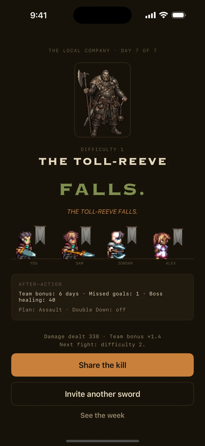 Victory result against The Toll-Reeve with a warband damage summary